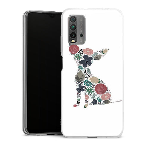 Coque Xiaomi Redmi 9T Chihuahua floral | Housse silicone, antichocs, protection optimale - Motif floral Chiot