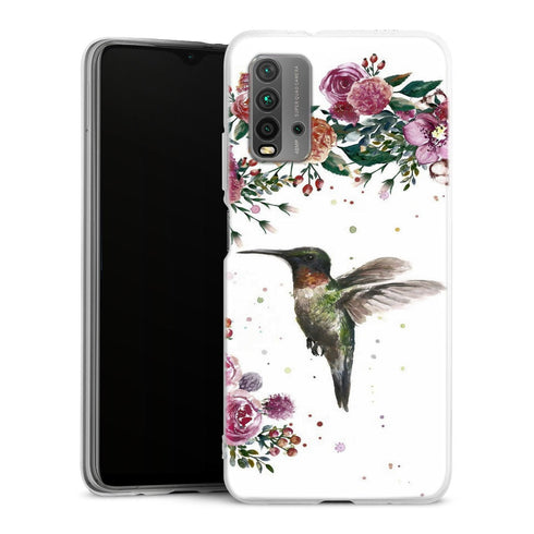 Coque Xiaomi Redmi 9T Colibri et fleurs aquarelle | Housse silicone, antichocs, protection optimale - Motif floral