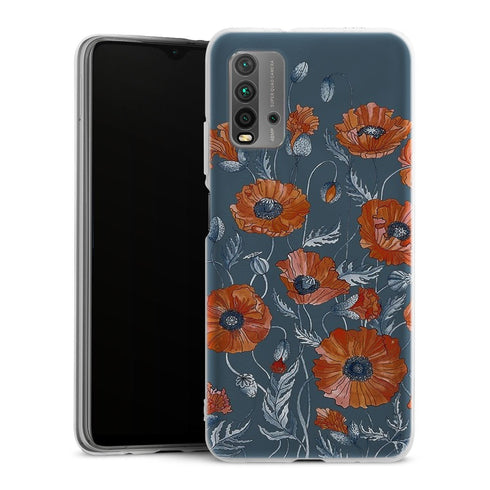 Coque Xiaomi Redmi 9T Coquelicots floral botanical art | Housse silicone, antichocs, protection optimale - Motif floral Rouge