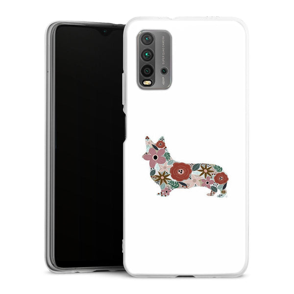 Coque Xiaomi Redmi 9T floral corgi | Housse silicone, antichocs, protection optimale - Motif floral race de Chien