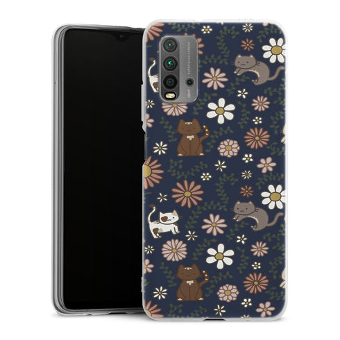 Coque Xiaomi Redmi 9T Floral meower marine | Housse silicone, antichocs, protection optimale - Motif floral