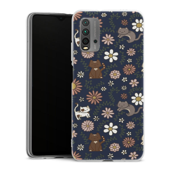 Coque Xiaomi Redmi 9T Floral meower marine | Housse silicone, antichocs, protection optimale - Motif floral