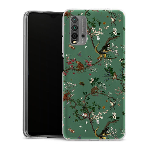 Coque Xiaomi Redmi 9T Monde des singes vert | Housse silicone, antichocs, protection optimale - Motif floral