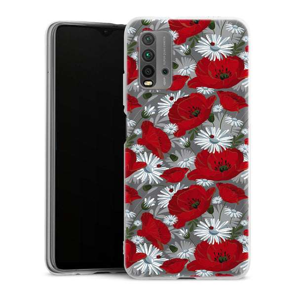 Coque Xiaomi Redmi 9T Motif de fleur rouge | Housse silicone, antichocs, protection optimale - Motif floral