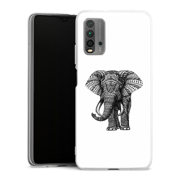 Coque Xiaomi Redmi 9T Noir dessin Blanc Elephant