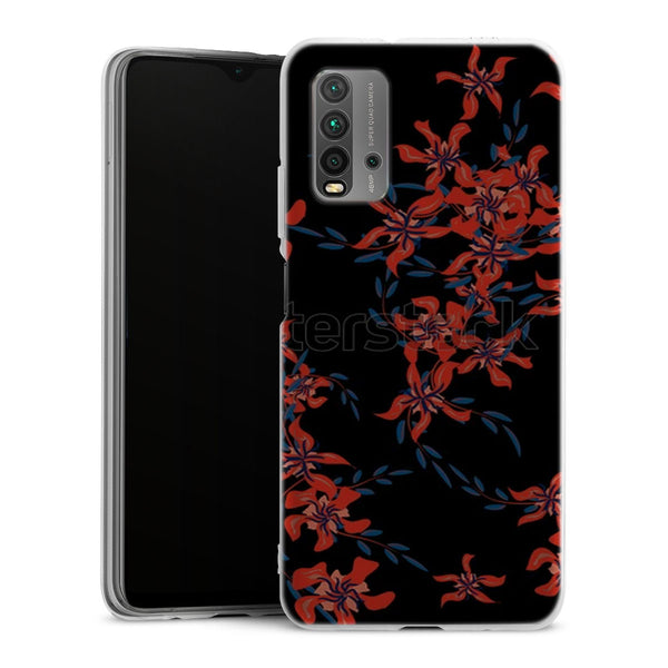 Coque Xiaomi Redmi 9T Rouge en Noir | Housse silicone, antichocs, protection optimale - Motif floral