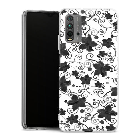Coque Xiaomi Redmi 9T Black Flower | Housse silicone, antichocs, protection optimale - Motif floral noir