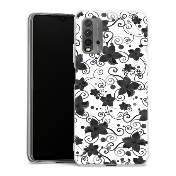 Coque Xiaomi Redmi 9T Black Flower | Housse silicone, antichocs, protection optimale - Motif floral noir