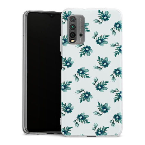 Coque Xiaomi Redmi 9T Blue Flowers | Housse silicone, antichocs, protection optimale - Motif floral bleu