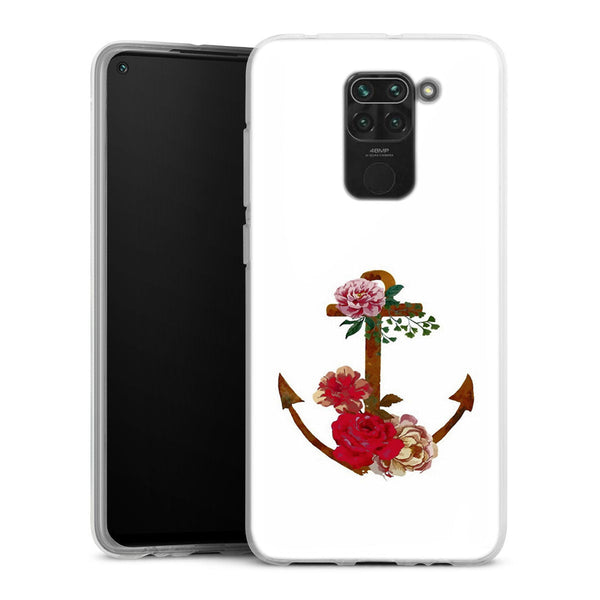 Coque Xiaomi Redmi Note 9 ancre florale fleurs roses et rouges | Housse silicone, antichocs, protection optimale - Motif floral
