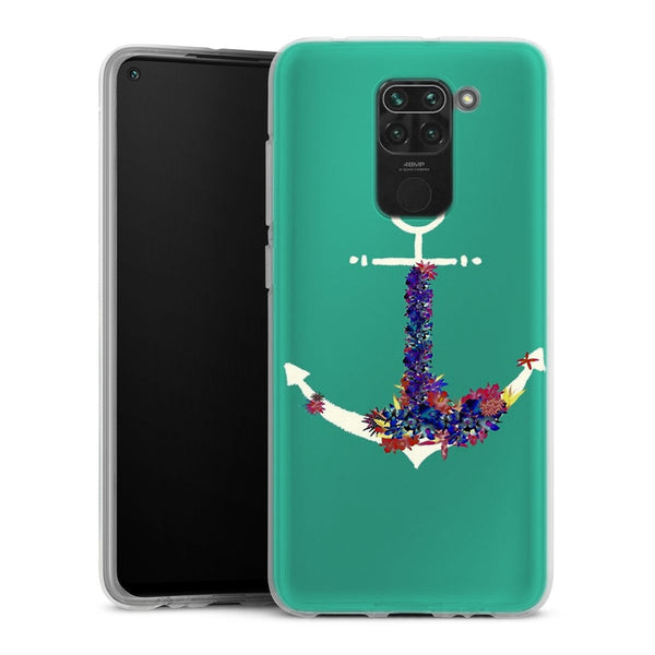Coque Xiaomi Redmi Note 9 ancre florale turquoise | Housse silicone, antichocs, protection optimale - Motif floral
