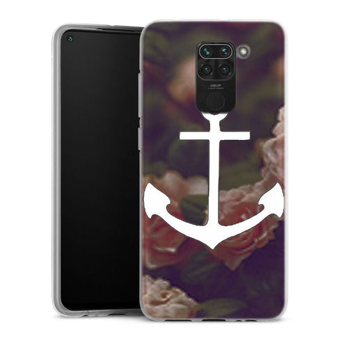 Coque Xiaomi Redmi Note 9 ancre florale fond de roses | Housse silicone, antichocs, protection optimale - Motif floral