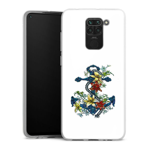 Coque Xiaomi Redmi Note 9 ancre bleu avec illustration de lis du jour | Housse silicone, antichocs, protection optimale - Motif floral