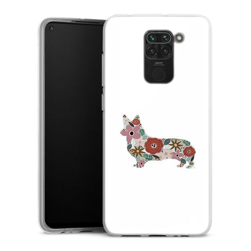 Coque Xiaomi Redmi Note 9 floral corgi | Housse silicone, antichocs, protection optimale - Motif floral race de Chien