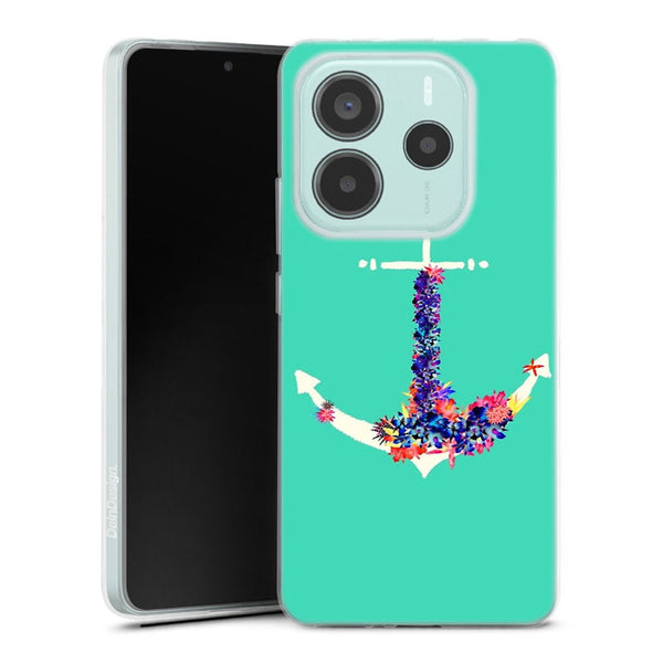 Coque Xiaomi Redmi Note 14 5G ancre florale turquoise | Housse silicone, antichocs, protection optimale - Motif floral