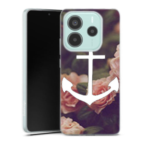 Coque Xiaomi Redmi Note 14 5G ancre florale fond de roses | Housse silicone, antichocs, protection optimale - Motif floral