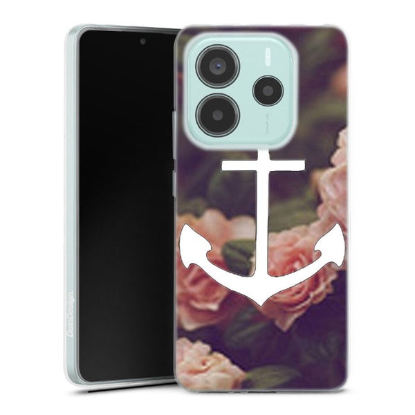 Coque Xiaomi Redmi Note 14 5G ancre florale fond de roses | Housse silicone, antichocs, protection optimale - Motif floral