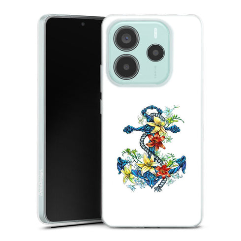 Coque Xiaomi Redmi Note 14 5G ancre bleu avec illustration de lis du jour | Housse silicone, antichocs, protection optimale - Motif floral