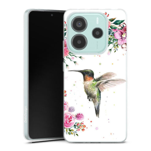 Coque Xiaomi Redmi Note 14 5G Colibri et fleurs aquarelle | Housse silicone, antichocs, protection optimale - Motif floral