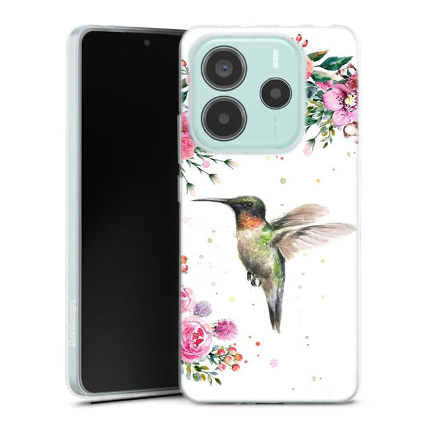 Coque Xiaomi Redmi Note 14 5G Colibri et fleurs aquarelle | Housse silicone, antichocs, protection optimale - Motif floral