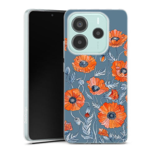 Coque Xiaomi Redmi Note 14 5G Coquelicots floral botanical art | Housse silicone, antichocs, protection optimale - Motif floral Rouge