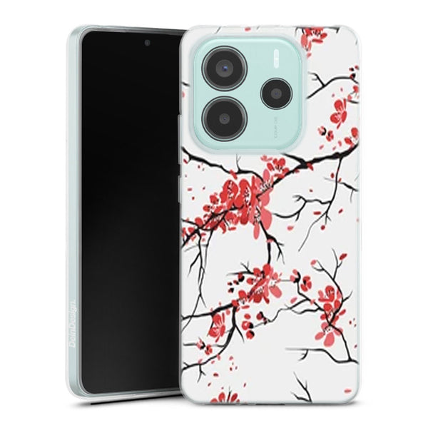 Coque Xiaomi Redmi Note 14 5G fleurs de cerisier orientales blanches et rouges | Housse silicone, antichocs, protection optimale - Motif floral Rouge