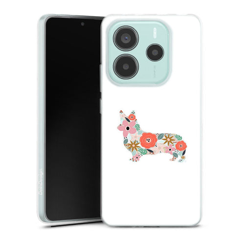 Coque Xiaomi Redmi Note 14 5G floral corgi | Housse silicone, antichocs, protection optimale - Motif floral race de Chien
