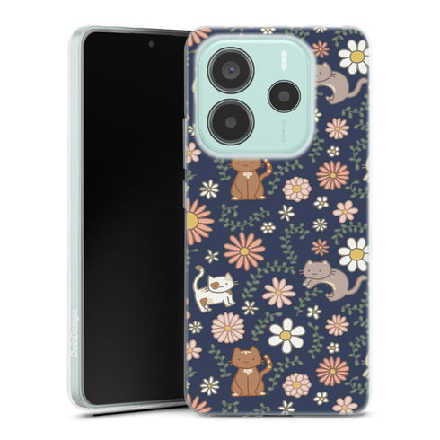 Coque Xiaomi Redmi Note 14 5G Floral meower marine | Housse silicone, antichocs, protection optimale - Motif floral
