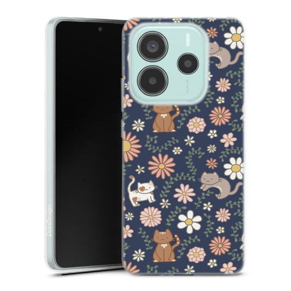 Coque Xiaomi Redmi Note 14 5G Floral meower marine | Housse silicone, antichocs, protection optimale - Motif floral