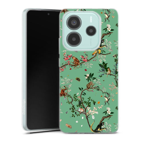 Coque Xiaomi Redmi Note 14 5G Monde des singes vert | Housse silicone, antichocs, protection optimale - Motif floral
