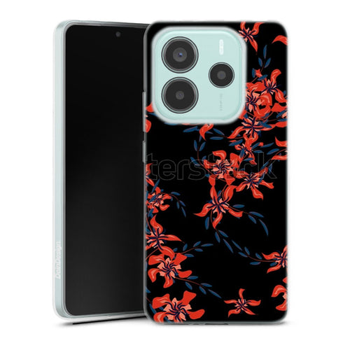 Coque Xiaomi Redmi Note 14 5G Rouge en Noir | Housse silicone, antichocs, protection optimale - Motif floral