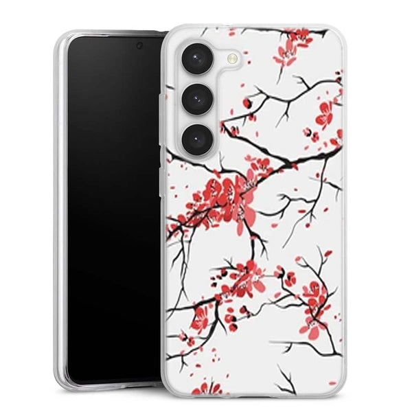 Coque Samsung Galaxy S23 fleurs de cerisier orientales blanches et rouges