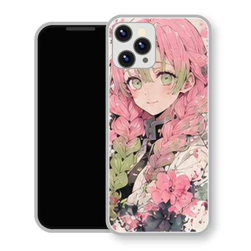 Coque iPhone 15 Mitsuri Kanroji Portrait Aquarelle Fleurs | Manga Demon Slayer - coque Mitsuri Kanroji manga pour iPhone 15