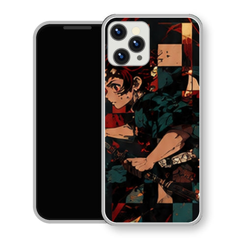 Coque iPhone 15 Tanjiro Kamado Damier Rouge Noir | Manga Demon Slayer - coque Tanjiro Kamado manga pour iPhone 15