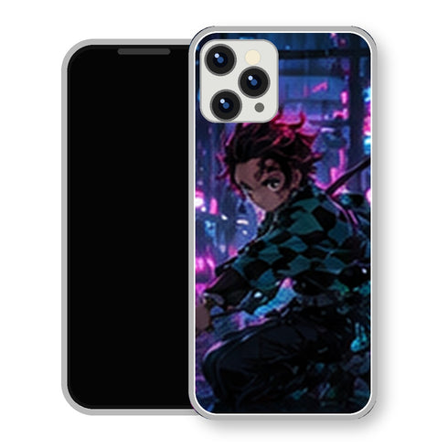 Coque iPhone 15 Tanjiro Kamado Ville Neon Katana | Manga Demon Slayer - coque Tanjiro Kamado manga pour iPhone 15