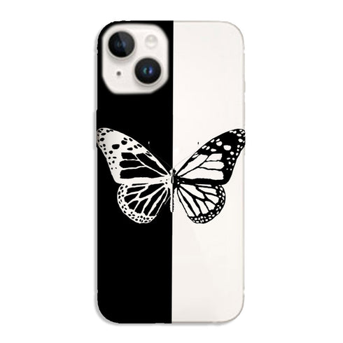 Coque iPhone 15 Butterfly Noir et Blanc, minimaliste de notre collection animaux , protection gel silicone noir et blanc qui ne jaunit pas