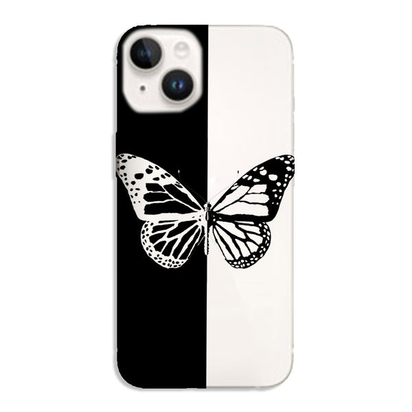 Coque iPhone 15 Butterfly Noir et Blanc, minimaliste de notre collection animaux , protection gel silicone noir et blanc qui ne jaunit pas