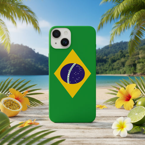 Housse portable iPhone 15 aux couleurs Bresiliennes, jaune et vert, personnalisée sur du silicone doux.