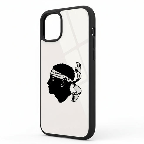 Drapeau Corse avec fonc blanc imprimé sur une coque de silicone pour iPhone 15, iPhone 15 Plus, iPhone 15 Pro, iPhone 15 Pro Max, avec Grip sur les cotés.