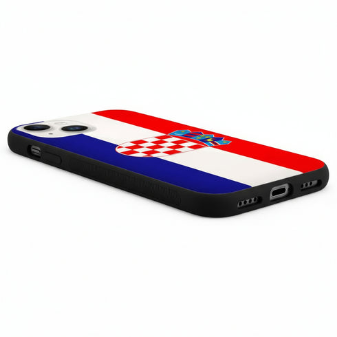 Housse antichocs pour iPhone 15 drapeau Croate, personnalisée en HD UV, Made in France, couleur bleu, rouge, blanc, et ecussons Croate