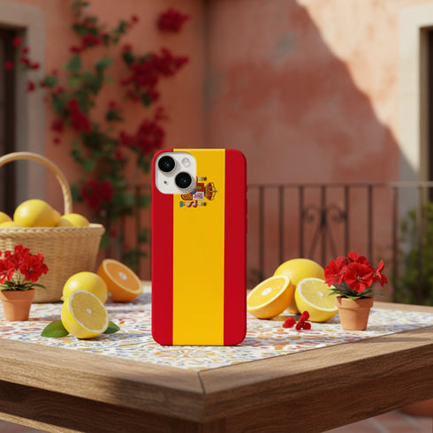 Passez a l'heure espagnole avec une coque de protection iPhone 15 drapeau Espagnol en silicone, mettez le rouge et le jaune à l'honneur