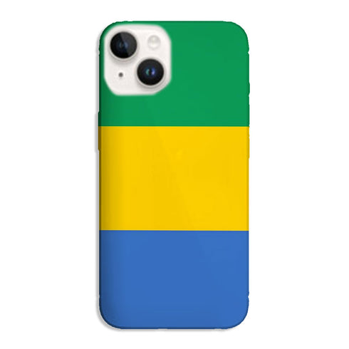 Housse pour mobile apple iPhone 15 au design drapeau Gabonais, de couleur vert, jaune et bleu rayé en gel de silicone doux