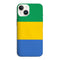 Housse pour mobile apple iPhone 15 au design drapeau Gabonais, de couleur vert, jaune et bleu rayé en gel de silicone doux