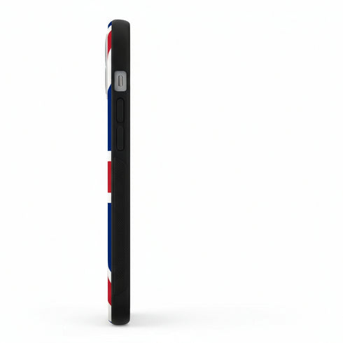 Vue de coté gauche protection en silicone personnalisée pour iPhone 15 drapeau Angleterre