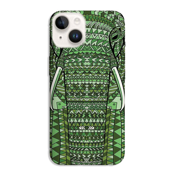 Coque iPhone 15 Elephant Vert Azteque, protection originale au look animaux ethniques de couleur Kaki