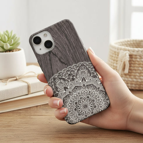 coque téléphone en silicone pour iPhone 15, effet bois et mandala floral
