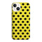 Coque pour iPhone 15 Jaune à Pois Noirs, protection optimale en silicone doux, personnalisée avec des motifs Polka dots noirs sur un fond jaune