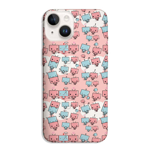 Coque iPhone 15 originale Kawaïi Robots, housse de protection silicone anti-chocs aux motifs Robots sur un fond pastel rose