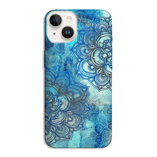 Coque pour iPhone 15 Blue Lost Mandala, protection gel souple, formes floral sur un dégradé de bleu, disponible pour tous les modeles iphone 15