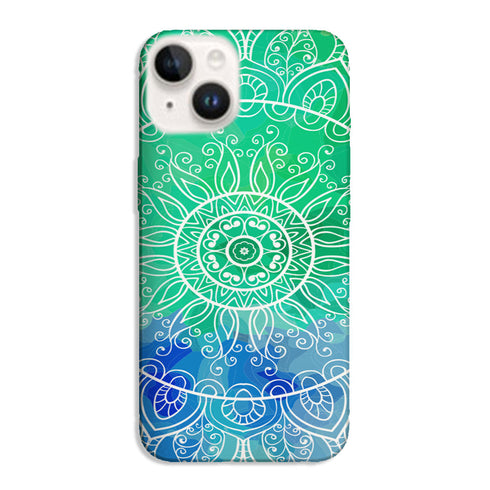 Coque pour iPhone 15 Green deal Mandala, un dégradé de vert personnalisé sur une protection Gel Tpu antichocs, avec des formes géométriques au look Mandala